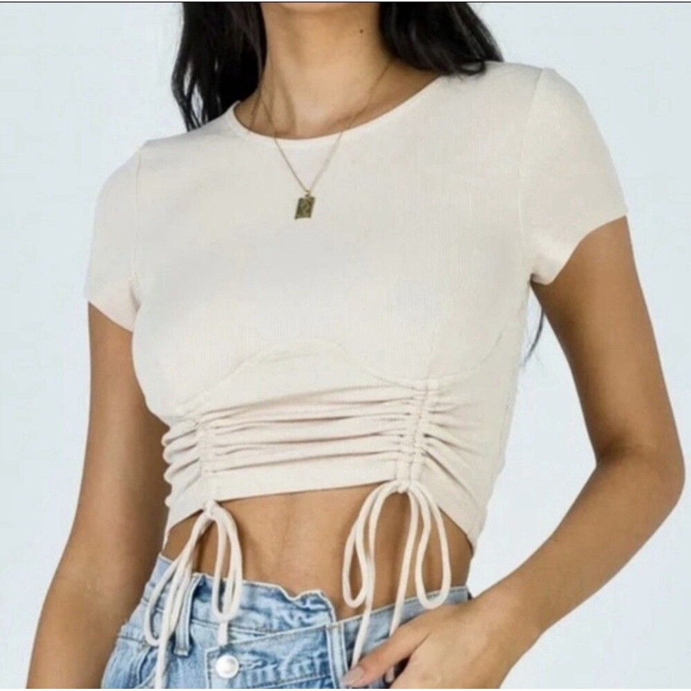 Princess Polly Stormi Top Size 2 Beige Ribbed Ruched Drawstring Crop Top NWT